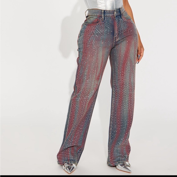 Fashion Nova Daydreaming Embellished Straight Leg Jeans - Medium Wash - Picture 1 of 3